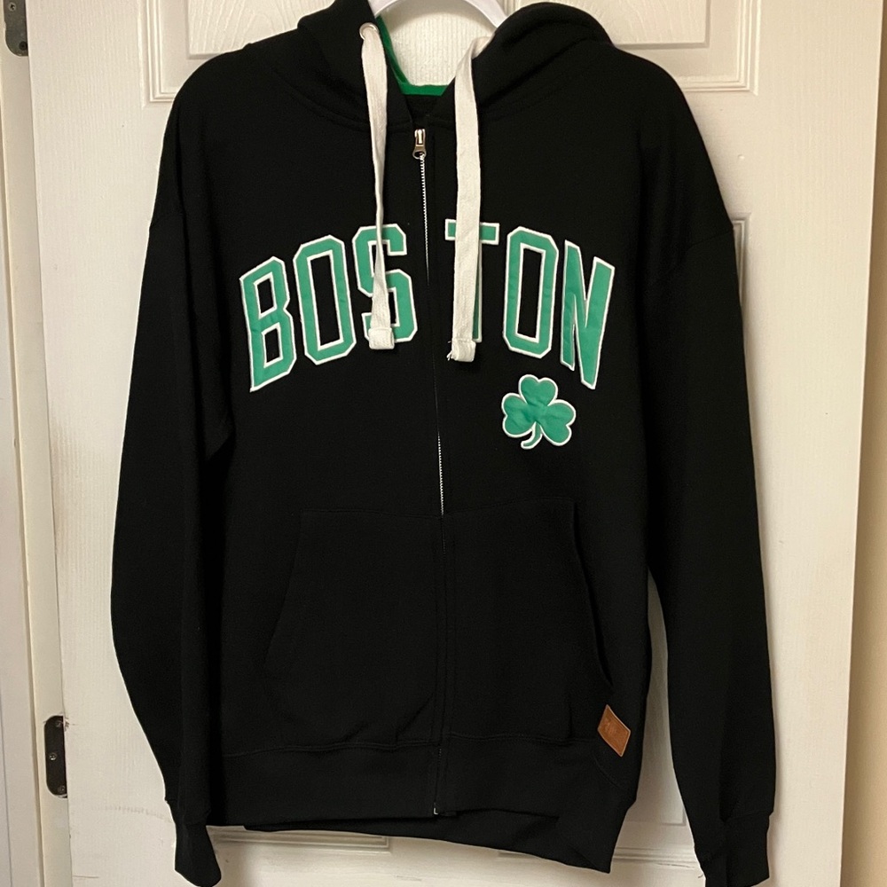 Black Boston Hoodie with Green Lettering